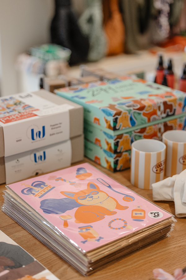 Sélection d’illustrations, puzzles et accessoires autour de l’univers du chien présentés sur une table à la boutique Clebs à Rennes